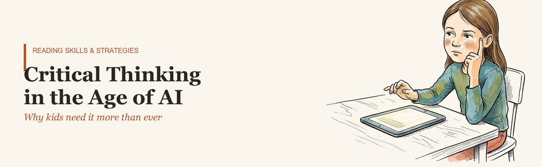 Illustration of a girl pausing mid-thought over a glowing tablet, choosing to keep thinking instead of accepting the answer on screen