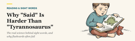 Child confidently reading a dinosaur picture book but stuck and puzzled on one small word