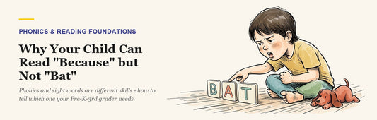 Frustrated child pointing at a letter tile spelling BAT while sounding it out, bracing with a curled fist, dog toy watching nearby