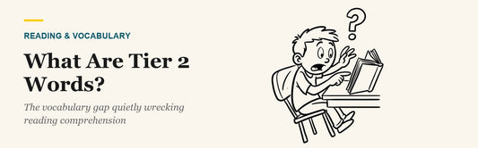 Line art of a kid frozen mid-sentence while reading, eyebrows raised in surprise, tipped-back chair, big question mark overhead, next to the title What Are Tier 2 Words