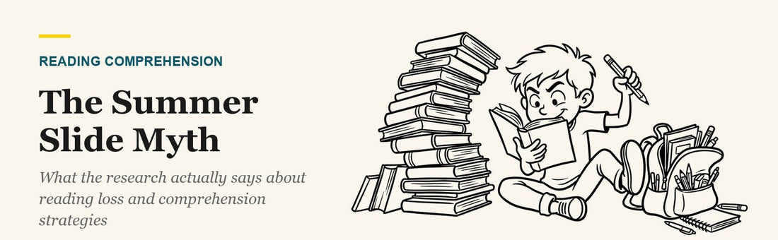 Line art of a kid reading intently against a leaning stack of books next to an overflowing school backpack