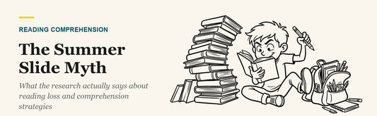 Line art of a kid reading intently against a leaning stack of books next to an overflowing school backpack