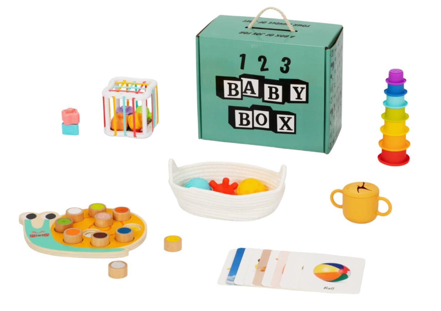 Montessori-inspired activity box for 7-8 month olds with 6 play pieces