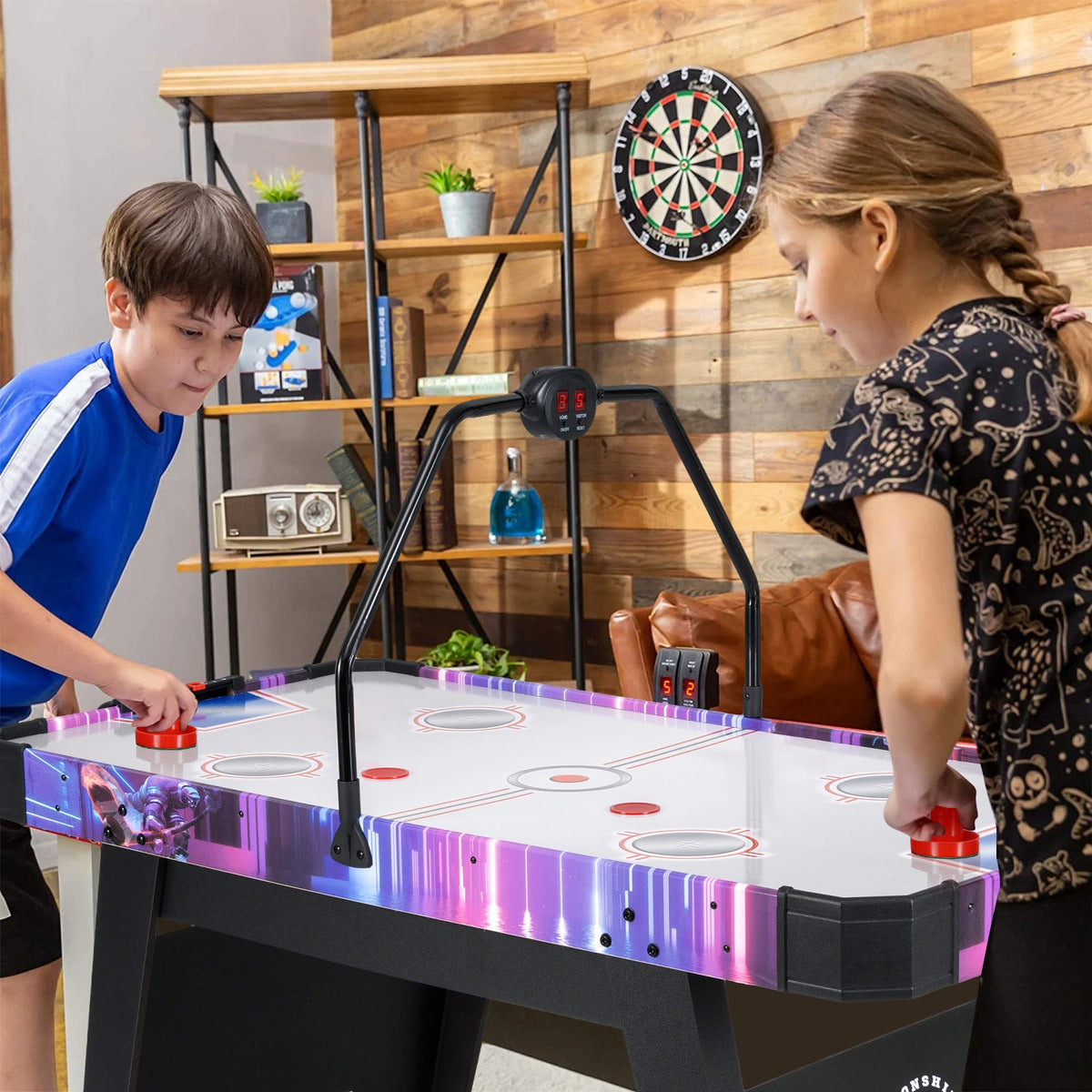White 56-inch air hockey table with LED digital scoreboard