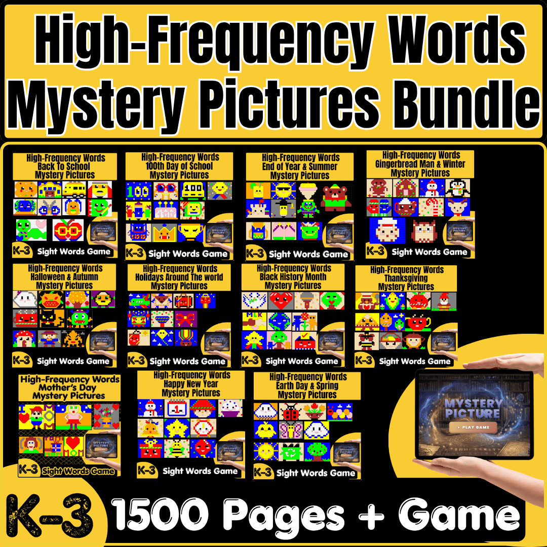 Dolch high frequency words mystery pictures reading intervention bundle cover, 11 seasonal themes