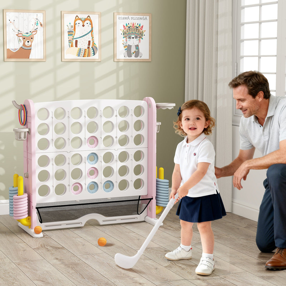 Jumbo 4-to-score game tower with ring toss and basketball hoop attachments