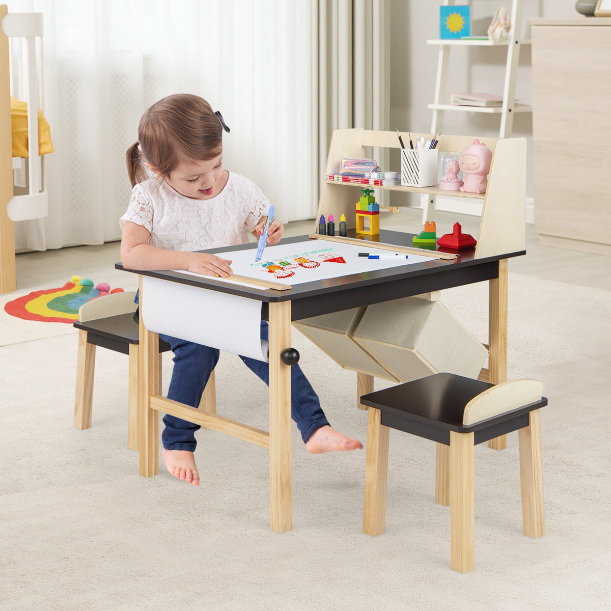 Coffee-brown kids art table and two chairs with paper roll holder and storage bins