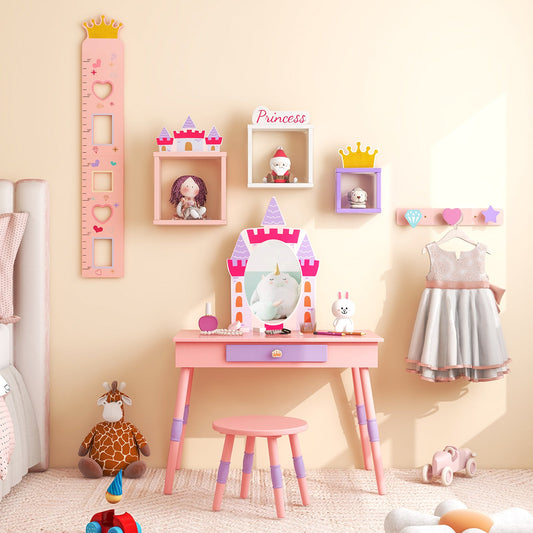 Pink castle-themed kids vanity table and stool set with mirror and drawer