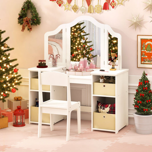 White kids vanity table and chair set with three removable mirrors and fabric storage bins