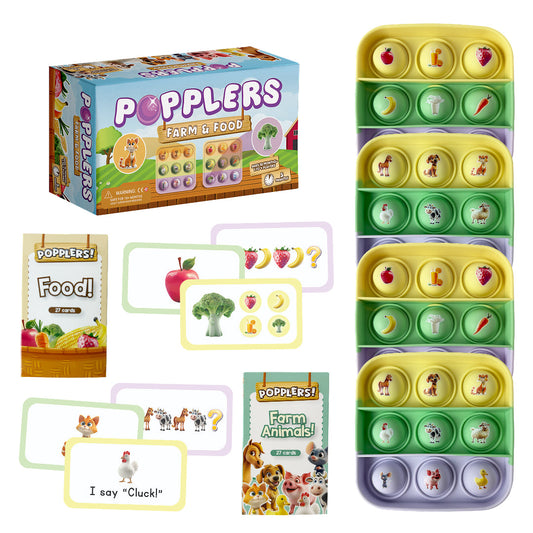 Popplers Farm & Food toddler pop-it matching game box with silicone fidget mats and picture cards