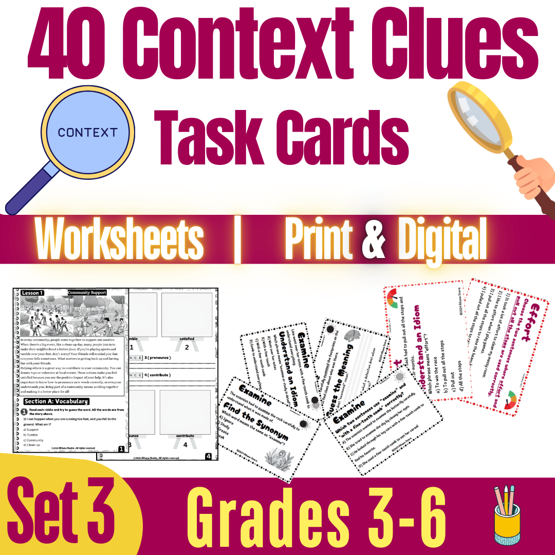 Context clues task cards, Tier 2 vocabulary mastery Set 3