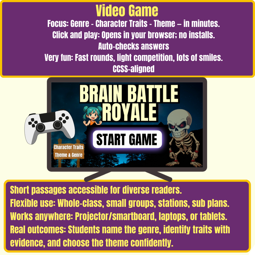 The Anti-Brain Rot Reading Game & Task Cards: Gamified Intervention for Character Traits, Theme & Genre