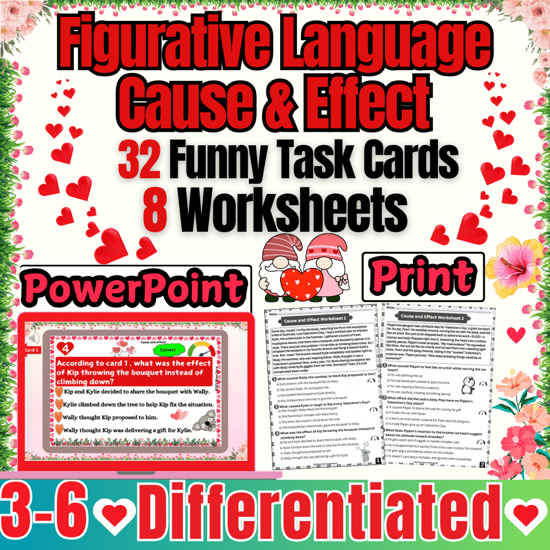 Cause and effect and figurative language task cards with Camly and Friends characters