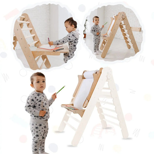 Wooden art table and easel attachment mounted on a Goodevas triangle climbing ladder