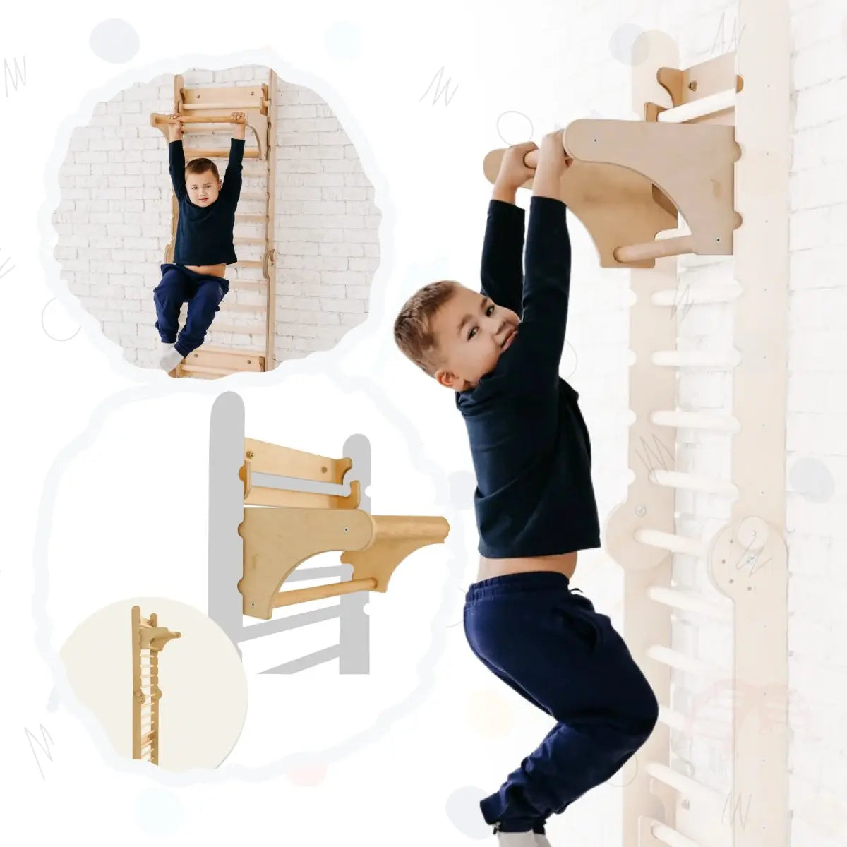 Swedish ladder gym bar addition mounted on a triangle climbing ladder